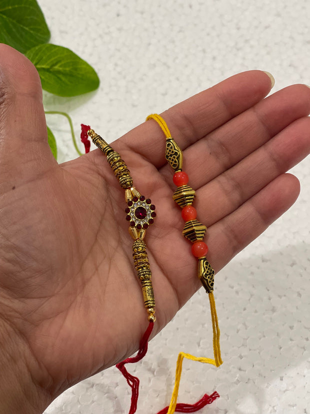 Set of 2 rakhis, american diamond Rakhi/ Rakhi for brother/ Wedding Bridal Ganneh -Gana/ Ganna/ Mauli / Poojan Thread/ Rakhri