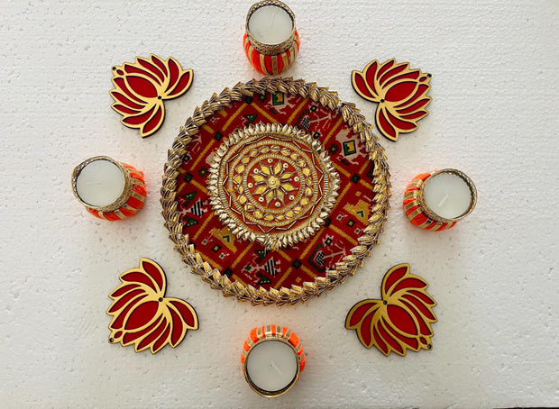 Rangoli mat with candle holders and lotus for decorations, Diwali decorations, home decor, diwali gifting, gifts, Diwali