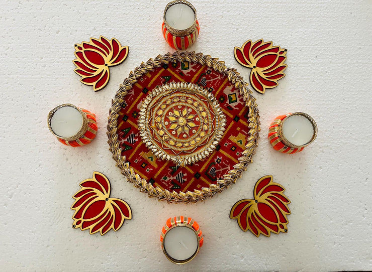 Rangoli mat with candle holders and lotus for decorations, Diwali decorations, home decor, diwali gifting, gifts, Diwali
