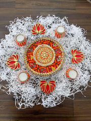 Rangoli mat with candle holders and lotus for decorations, Diwali decorations, home decor, diwali gifting, gifts, Diwali