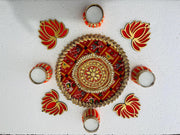 Rangoli mat with candle holders and lotus for decorations, Diwali decorations, home decor, diwali gifting, gifts, Diwali