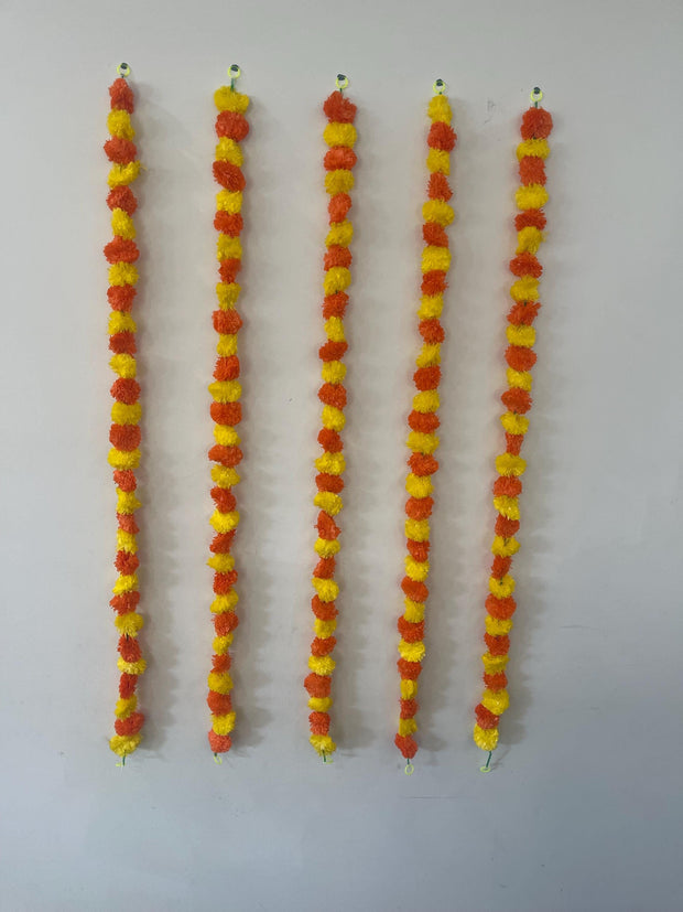 Pack of 5 Marigold flower strings baby shower decorations, holi decor, housewarming decorations, festive decor,paath, pooja& diwali decor