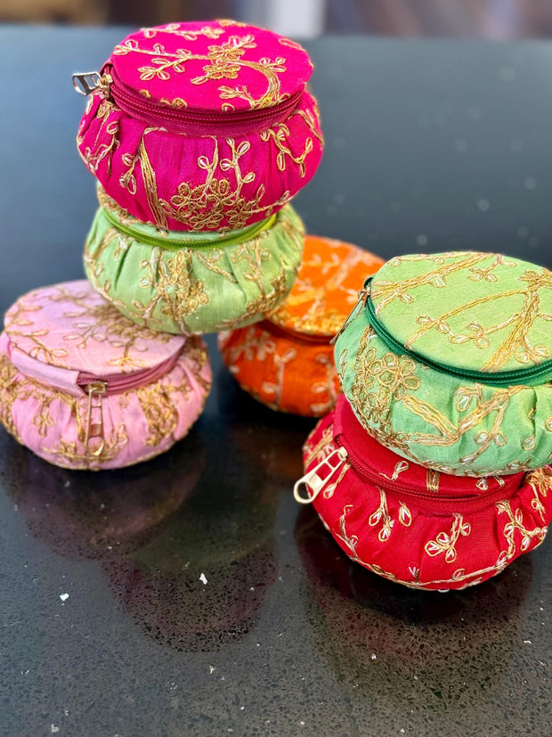 Pack of 3 assorted embroidered matki shape jewellery boxes, storage boxes, Eid favors, party favors. Gifting, return gifts