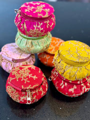 Pack of 3 assorted embroidered matki shape jewellery boxes, storage boxes, Eid favors, party favors. Gifting, return gifts