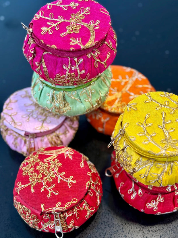 Pack of 3 assorted embroidered matki shape jewellery boxes, storage boxes, Eid favors, party favors. Gifting, return gifts