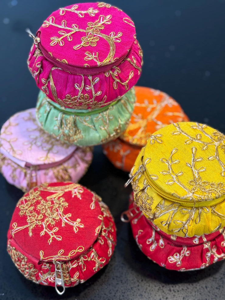 Pack of 3 assorted embroidered matki shape jewellery boxes, storage boxes, Eid favors, party favors. Gifting, return gifts