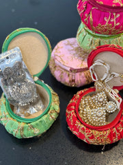 Pack of 3 assorted embroidered matki shape jewellery boxes, storage boxes, Eid favors, party favors. Gifting, return gifts