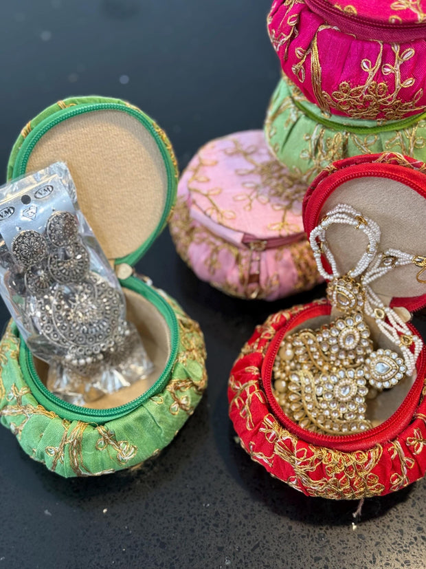 Pack of 3 assorted embroidered matki shape jewellery boxes, storage boxes, Eid favors, party favors. Gifting, return gifts