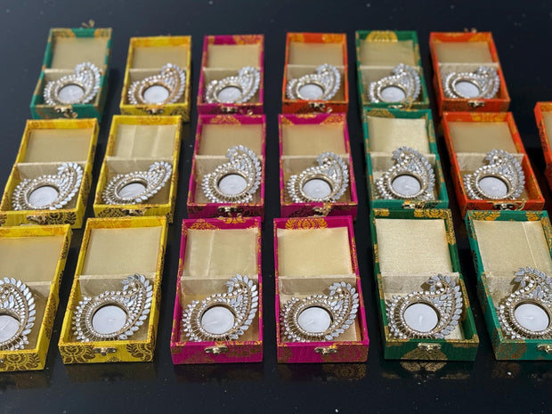 Brocade box with glass work candle holders, Eid favors, holi gifts, party gifts,wedding favors, housewarming gifts, baby shower return gifts