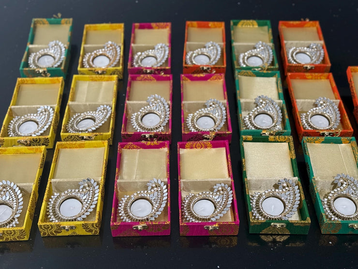 Brocade box with glass work candle holders, Eid favors, holi gifts, party gifts,wedding favors, housewarming gifts, baby shower return gifts