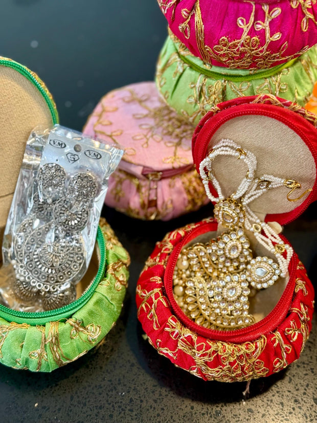 Pack of 3 assorted embroidered matki shape jewellery boxes, storage boxes, Eid favors, party favors. Gifting, return gifts