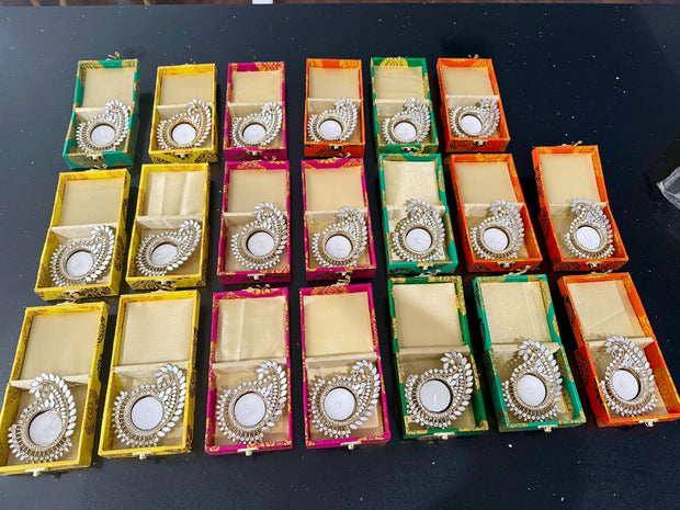 Brocade box with glass work candle holders, Eid favors, holi gifts, party gifts,wedding favors, housewarming gifts, baby shower return gifts