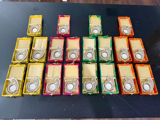 Brocade box with glass work candle holders, Eid favors, holi gifts, party gifts,wedding favors, housewarming gifts, baby shower return gifts