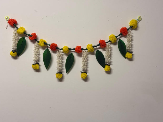 Marigold and jasmine flower toran with mango leaves, navratri decor, ugadi ,sangeet/mehandi, wedding decor, festive decor, diwali decor