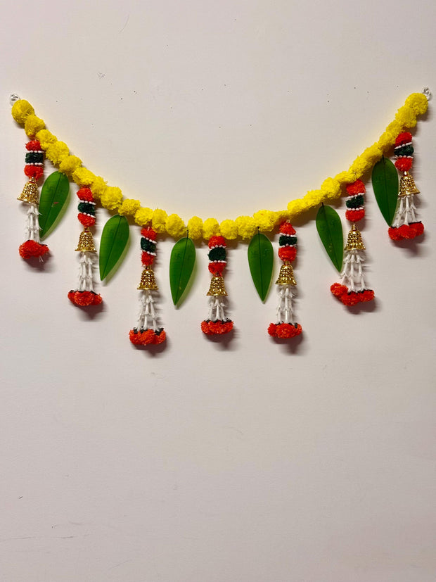Marigold Toran with bells,  Bhandarwal/ Hand crafted toran, housewarming decor/ Door valance/ Pooja temple decor/ festivedecor/wedding decor