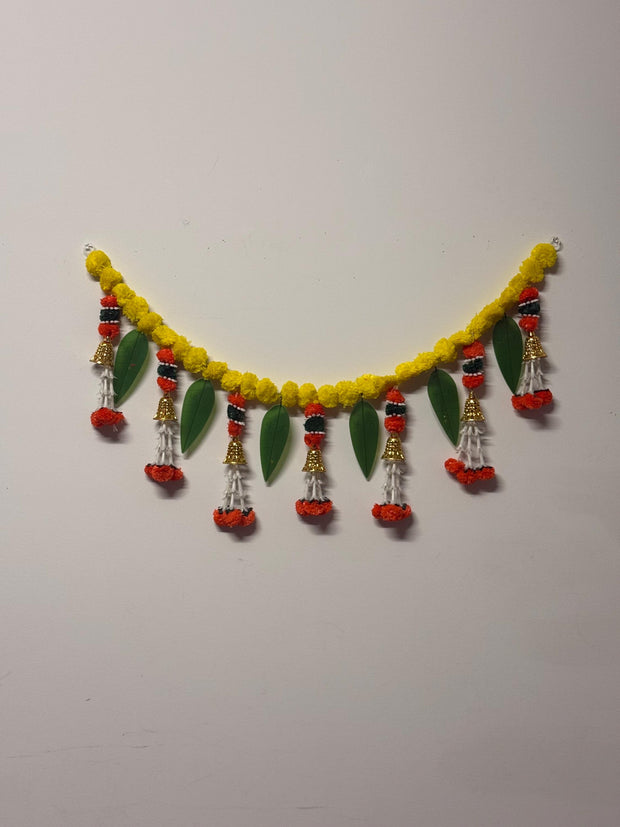 Marigold Toran with bells,  Bhandarwal/ Hand crafted toran, housewarming decor/ Door valance/ Pooja temple decor/ festivedecor/wedding decor