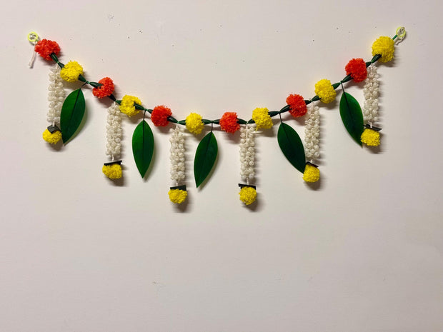 Marigold and jasmine flower toran with mango leaves, navratri decor, ugadi ,sangeet/mehandi, wedding decor, festive decor, diwali decor