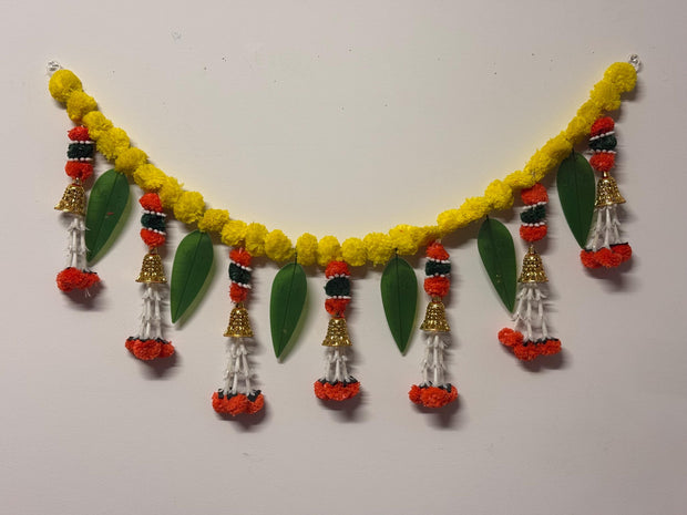 Marigold Toran with bells,  Bhandarwal/ Hand crafted toran, housewarming decor/ Door valance/ Pooja temple decor/ festivedecor/wedding decor