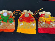 Indian favors, Desi favors, return gifts for all occasions, velvet embroidered potlis with resin candle holder and shubh labh set
