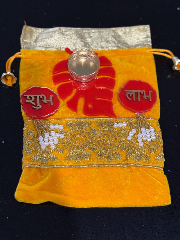 Indian favors, Desi favors, return gifts for all occasions, velvet embroidered potlis with resin candle holder and shubh labh set