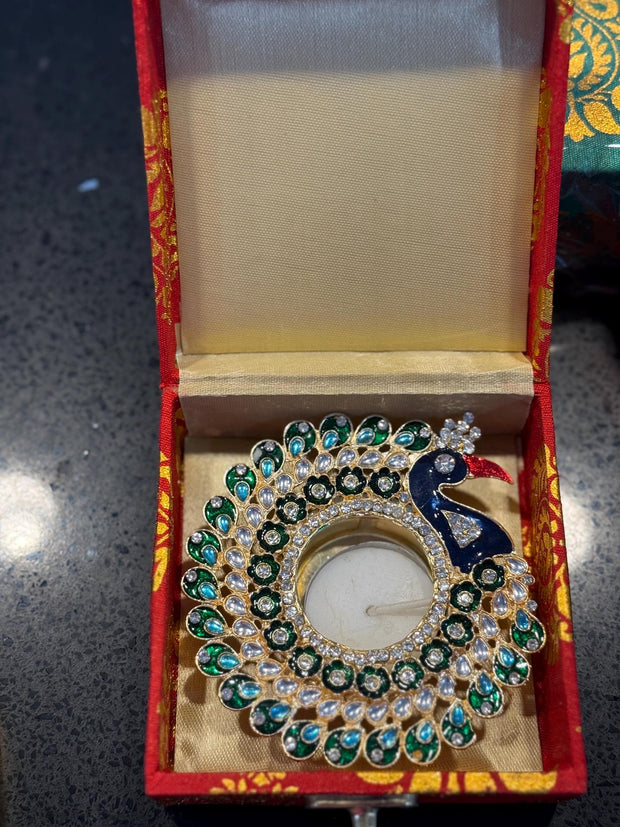 Beautiful gifts for Eid, housewarming, baby shower, wedding, engagement, birthday, anniversary.. Peacock candle holder in brocade box