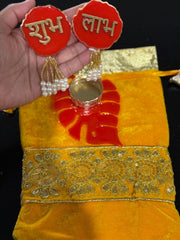 Indian favors, Desi favors, return gifts for all occasions, velvet embroidered potlis with resin candle holder and shubh labh set