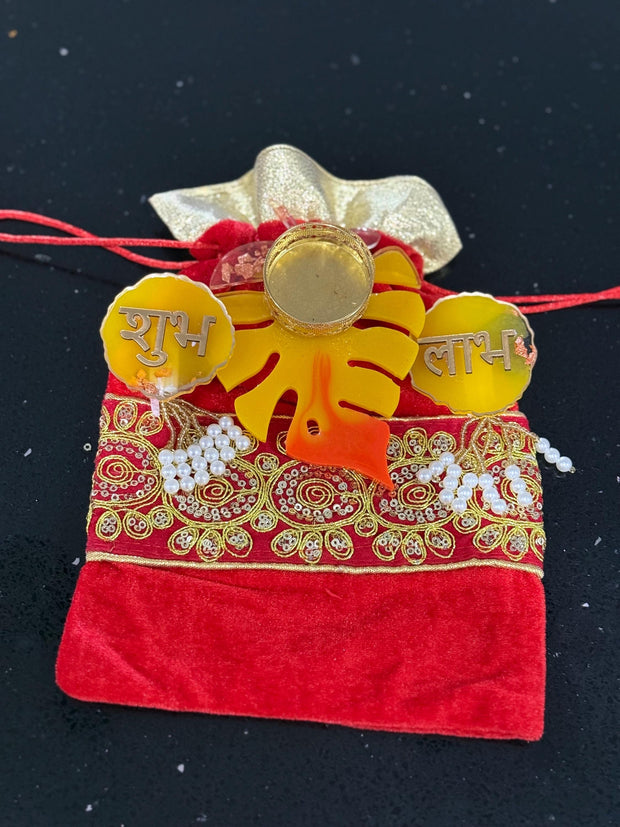 Indian favors, Desi favors, return gifts for all occasions, velvet embroidered potlis with resin candle holder and shubh labh set