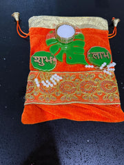 Indian favors, Desi favors, return gifts for all occasions, velvet embroidered potlis with resin candle holder and shubh labh set