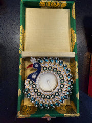Beautiful gifts for Eid, housewarming, baby shower, wedding, engagement, birthday, anniversary.. Peacock candle holder in brocade box