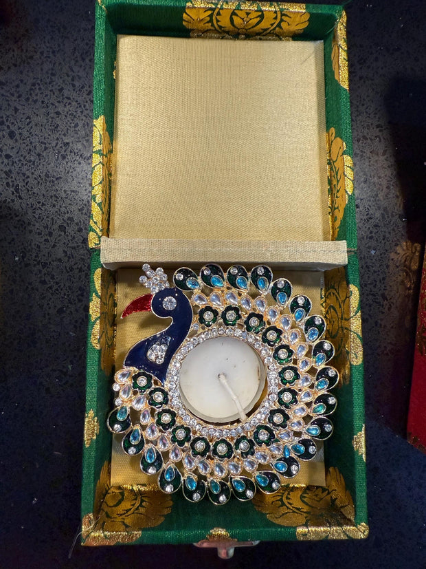 Beautiful gifts for Eid, housewarming, baby shower, wedding, engagement, birthday, anniversary.. Peacock candle holder in brocade box