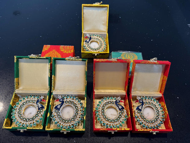 Beautiful gifts for Eid, housewarming, baby shower, wedding, engagement, birthday, anniversary.. Peacock candle holder in brocade box